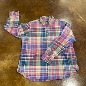 Polo Ralph Lauren Oxford cloth multi colored plaid. Button down collar.